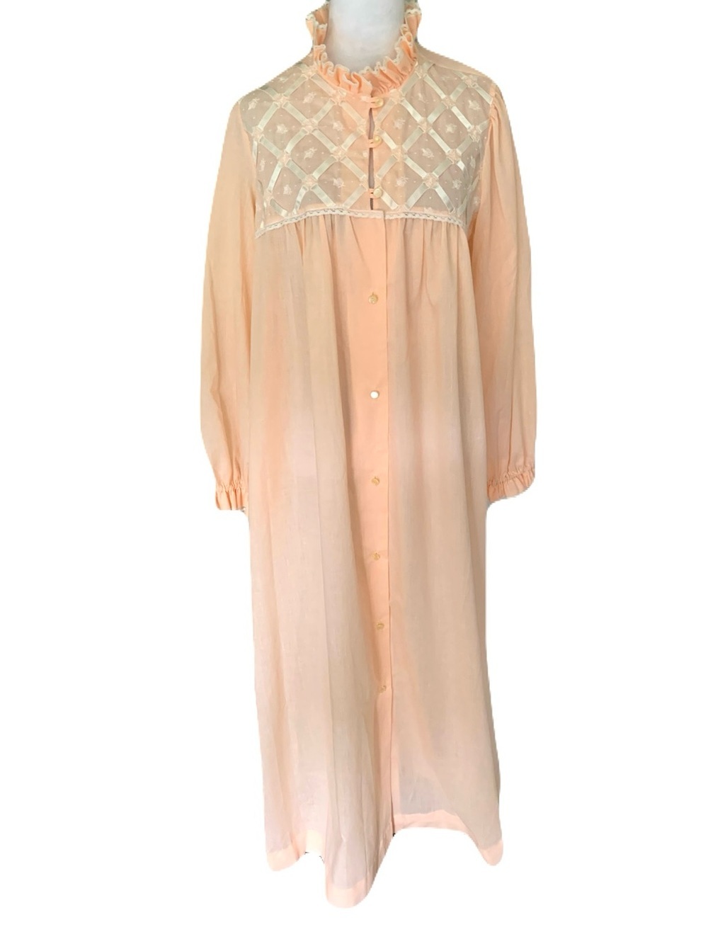 Vintage Lily of France Medium Peach Lace Yoke Long Sleeve Button Long Nightgown